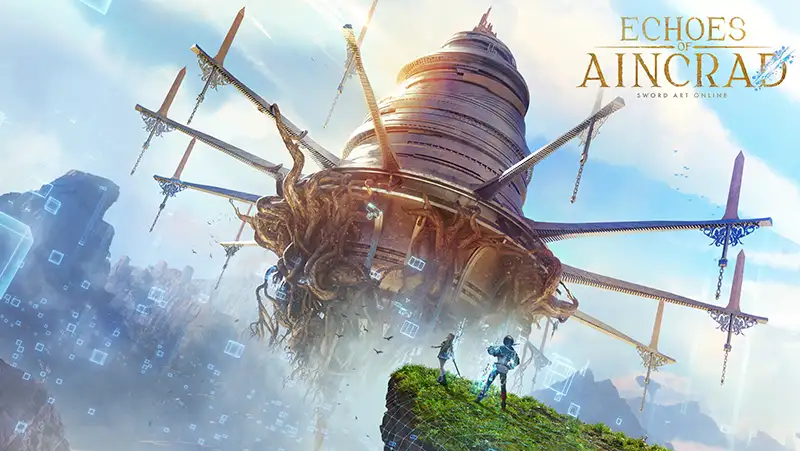 Key art ufficiale di Echoes of Aincrad con logo e artwork del castello volante di Aincrad