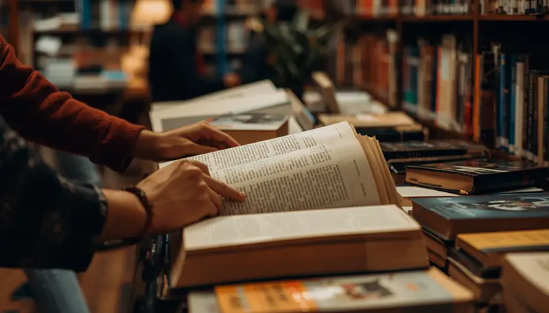 persone che toccano con mano dei libri in libreria, simbolo dell'esperienza unica che i libri online non possono regalare