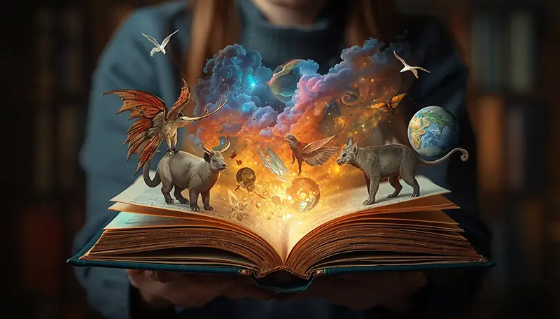 un libro con immagini di fantasia che escono da esso. Simbolo di quanto la lettura ispiri e alleni la fantasia del lettore
