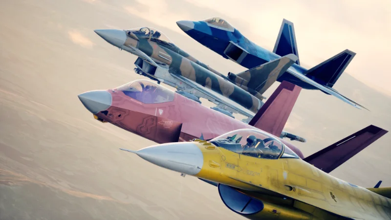 il team jocker fight di ace combat 8 con aerei in volo di diverso colore