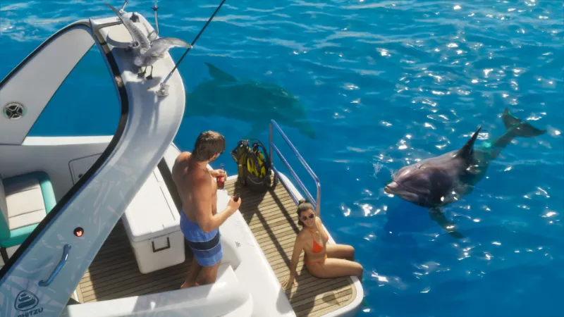 GTA VI bonus ultimate edition. Jason e Lucia seduti sul motoscavo Squalo con un delfino che li guarda